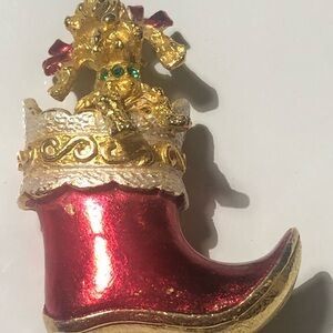 Vintage MYLU Red and Gold Holiday Boot Brooch with golden doggy.